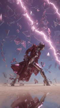 A binding purple/red lightning strike tearing open the sky, a lone futuristic armored figure crashing into a reflective desert floor, glossy black couture with chrome accessories.