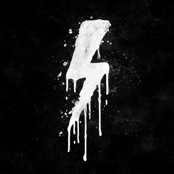White on black simple icon of hand drawn electricity thunder symbol with dripping paint.