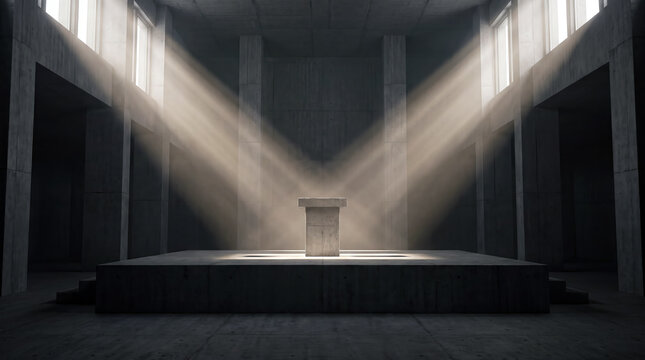 Dramatic sunlight rays stream through high windows of a vast empty brutalist concrete hall onto a central stone podium on a raised platform