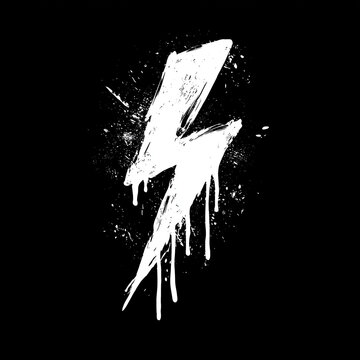 White on black simple icon of hand drawn electricity thunder symbol with dripping paint.