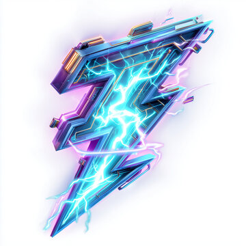 A stylized llustration of a glowing lightning bolt icon with cyberpunk elements, futuristic energy circuits embedded in the shape, electric sparks and glowing neon trails.