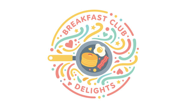 Breakfast club delights emblem featuring a frying pan with pancakes, egg, and bacon surrounded by colorful swirls.