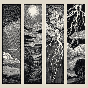 Design of 4 vertical panels showing rain storm and lightening in block print style.