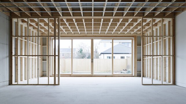 Unfinished home addition with exposed wooden wall studs and ceiling joists, featuring a raw concrete floor for renovation and construction finance campaigns