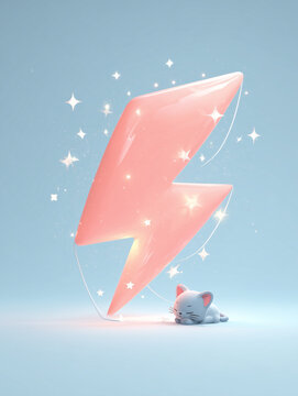 In a toy-like, rounded 3D style, there is a very large, softly glowing light salmon-pink lightning bolt 3D model in the center of the image. Blue cat napping.