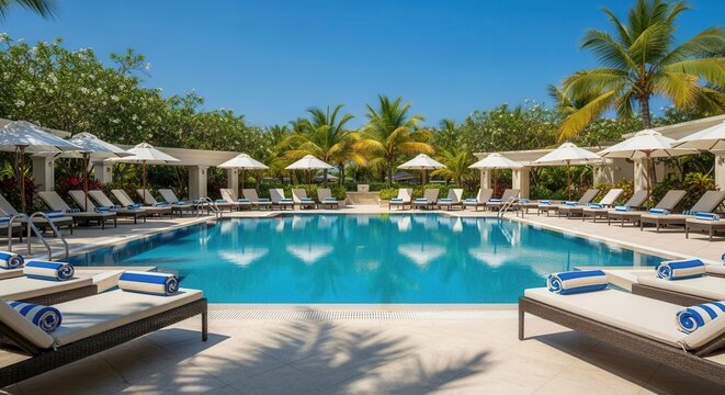 Luxury Resort Swimming Pool Oasis With Tropical Ambiance And Serene Loungers
