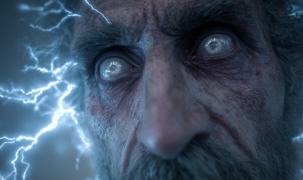 Traumatized men looking at the camera, wide and electric eyes, thunders behind him, electric and tense situation, very emotional.