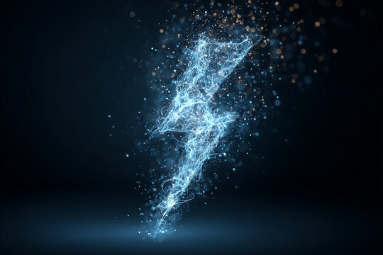 Lightning bolt icon, sharp lines, lots of particles dots light floating around, energetic electic atmosphere, dark background.