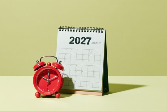Spiral desk calendar for 2027 with a red alarm clock, featuring glossy surfaces and a sharp shadow for planning and goal setting, copy space