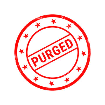 Red purged rubber stamp on white background, circular grunge stamp with stars, vintage style ink seal for document verification