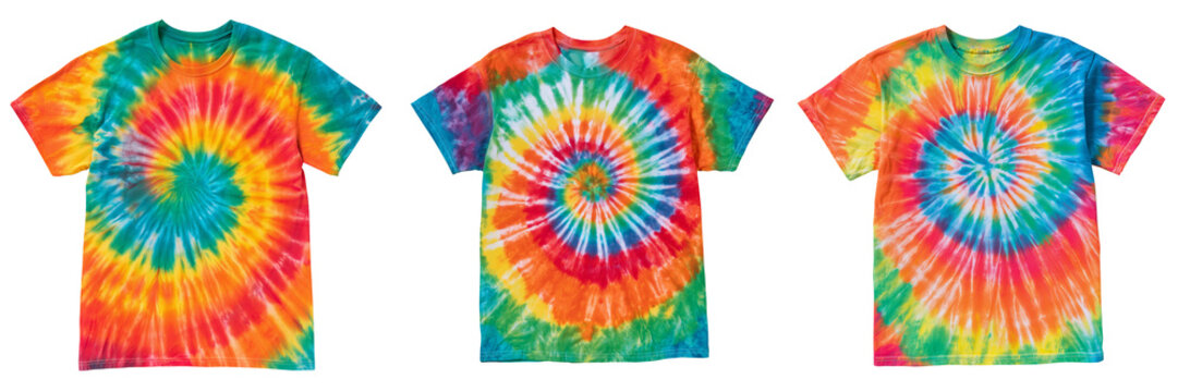 Set of A classic tie dye T-shirt isolated on white background, blue and purple spiral pattern, natural cotton fabric texture on transparent png background. Ai generated