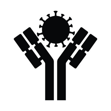 Minimalist antibody Y shape holding virus black white silhouette vaccine defense health metaphor