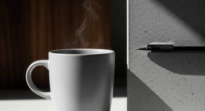 Morning Coffee And Pen On Textured Surface With Dramatic Light