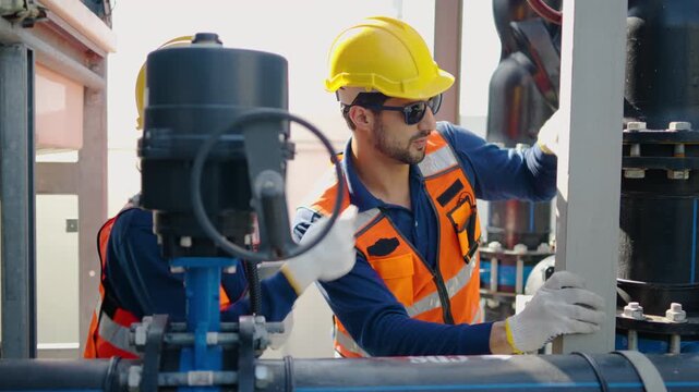 Professional industrial engineers wearing safety hard hats and high-visibility vests inspecting pipeline valves and factory machinery systems. Modern technology teamwork maintenance workflow.