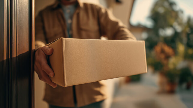 Person holding cardboard package at front door for delivery
