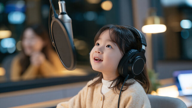 A young child in a cozy cardigan sits in a twilight-lit recording booth behind a suspended microphone, headphones enormous around small ears, looking up at the mic with wide-eyed