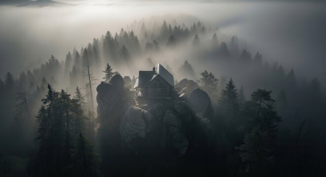 Misty Mountain Cabin Serenity Through Foggy Forest Peaks