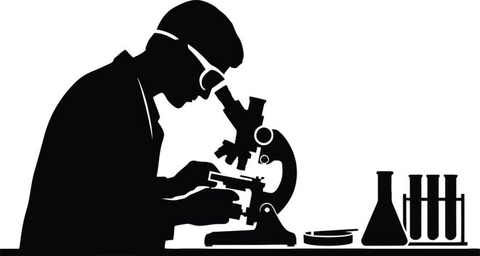 A black silhouette of a scientist wearing protective goggles and looking through a microscope in a laboratory with test tubes nearby
