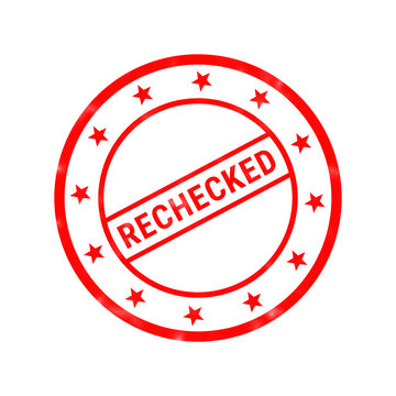 Red rechecked rubber stamp, circular business approval seal with stars, quality control verification mark on white background