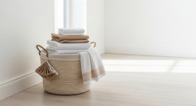 Neatly Folded Linens In A Woven Laundry Basket Near Window Light
