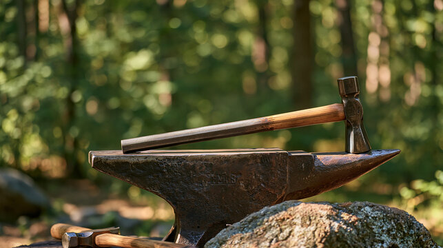 Metalworker's finished steel rod cooling on an anvil outdoors, single object detail against dappled forest edge, hammer resting beside it, grain of the forged metal catching