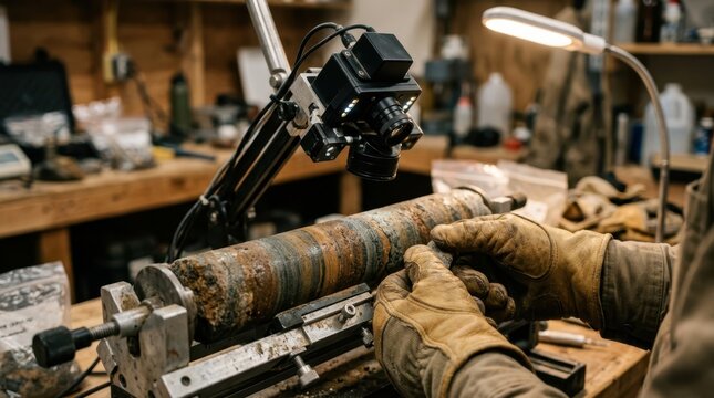 geologist gloved hands rotating a striped rock core beneath a multispectral scanner with lamp and clamps
