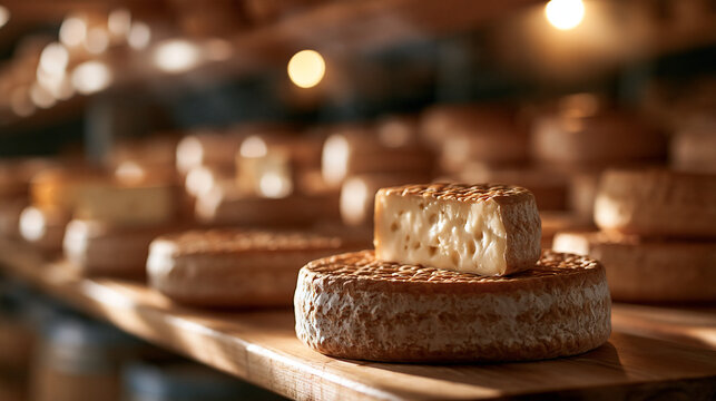 Ultra photorealistic dark luxury cheese aging cave with rounds of artisan cheese resting on wooden shelves, soft warm cold lighting, atmospheric fog, dramatic depth, copy space abo