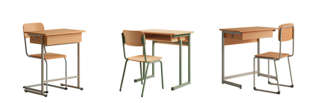Set of Affordable single student school desk with adjustable legs and ergonomic matching chair, durable classroom furniture on transparent png background. Ai generated