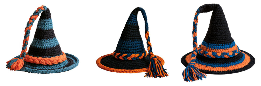 Set of Adorable handcrafted purple witch hat with a twisted pointed tip and decorative orange crochet band on transparent png background. Ai generated