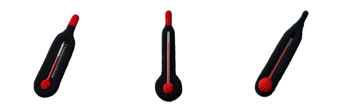 Set of Artisan knitted protective sleeve for a classic glass thermometer, soft chunky yarn texture, subtle red and cream pattern on transparent png background. Ai generated