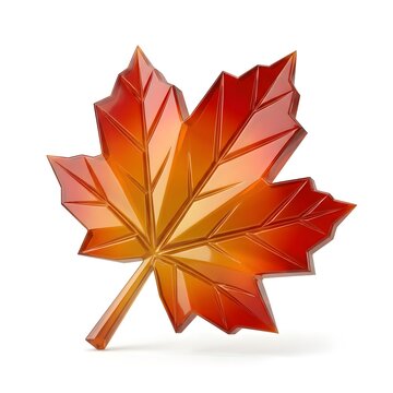 Glossy orange maple leaf crafted from translucent glass material featuring sharp geometric edges and vibrant warm autumn color gradients isolated