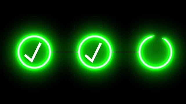 Neon line 3 step infographic process with check mark icon. step process success with check marks. Step-by-Step Guide 4k ...