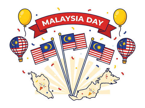 Malaysia Day celebration illustration with national flags and map on white background