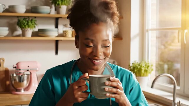 Nurse drinks coffee in kitchen at home. Woman nurse holds coffee mug with stethoscope relaxing after shift. Female nurse drinks coffee during break. Medical worker relaxes in home kitchen after shift.