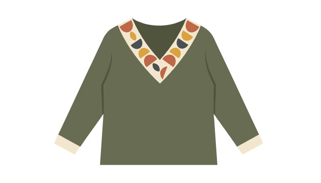 Green v-neck sweater features a decorative collar with colorful geometric half-circle patterns for a stylish autumn look.