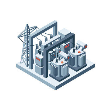 Minimalist Isometric of Industrial Power Substation with Transformers Circuit Breakers and Transmission Tower