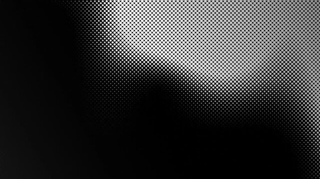 Abstract monochrome halftone dots moving in dynamic wave pattern against black background for modern graphic design