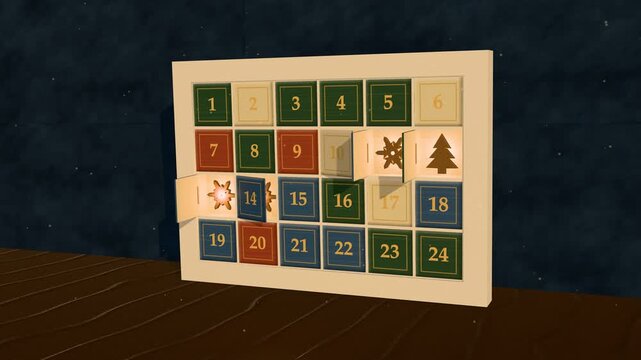 Wooden advent calendar loop: numbered doors open one by one revealing warm light and holiday ornaments, cozy Christmas countdown background with copy space