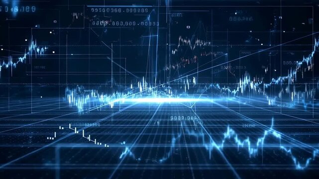 Glowing financial market charts fluctuate across a dark digital grid with animated data traces. Financial news graphics, investment presentations, and fintech advertising.