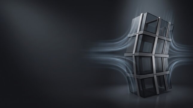 Modular glass cube structure flexing under airflow, dark background