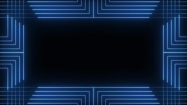 Glowing blue neon frame with geometric lines moving on black digital background, 4K looped animation
