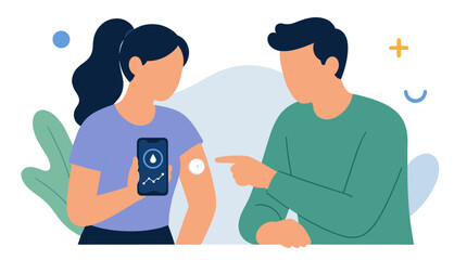 Fototapeta premium Woman Showing Blood Sugar Monitoring on Smartphone with Man Pointing