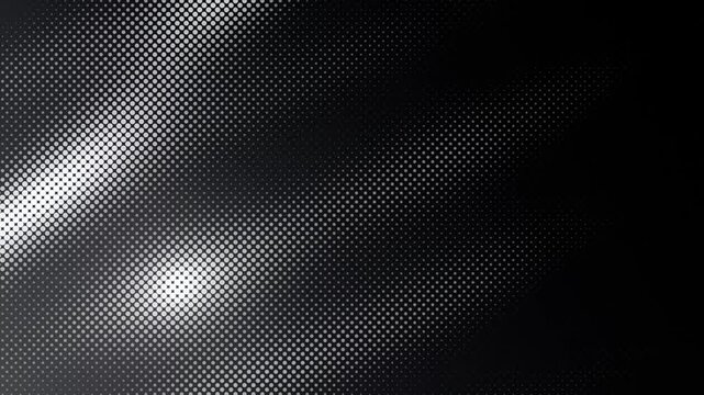 Abstract monochrome halftone pattern motion across dark surface with dynamic light gradients and rhythmic dot texture
