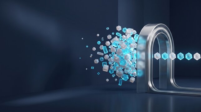 Geometric blue and white cubes passing through a metallic archway