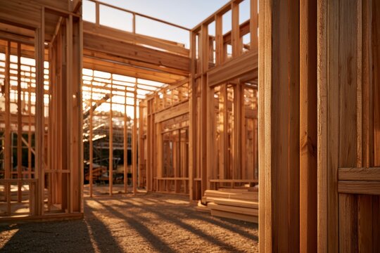 Abstract wooden framing on a residential construction site in warm morning light