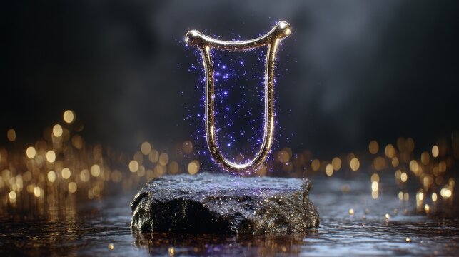 Mystical golden symbol floating above a dark stone surface, surrounded by shimmering particles and a blurred magical background, representing esoteric concepts and metaphysical energy