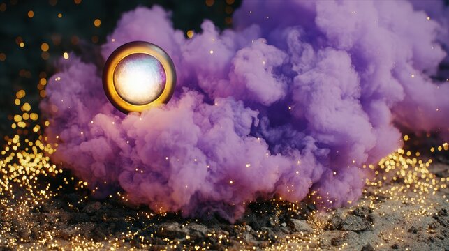Mystical orb surrounded by vibrant purple smoke and sparkling golden particles, creating an enchanting atmosphere of magic and metaphysical wonder