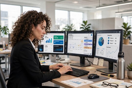 Businesswoman Typing at Multi-Monitor Desk Setup, A businesswoman with curly hair typing at a modern desk with multiple monitors displaying dashboards and calendar software