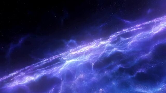 Purple energy waves flow through a dark cosmic field with glowing filaments and drifting particles. Technology presentations, science education, and futuristic title sequences.