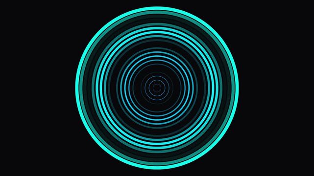 Digital concentric circles pulsing with cyan light in dark studio environment with subtle zoom effect